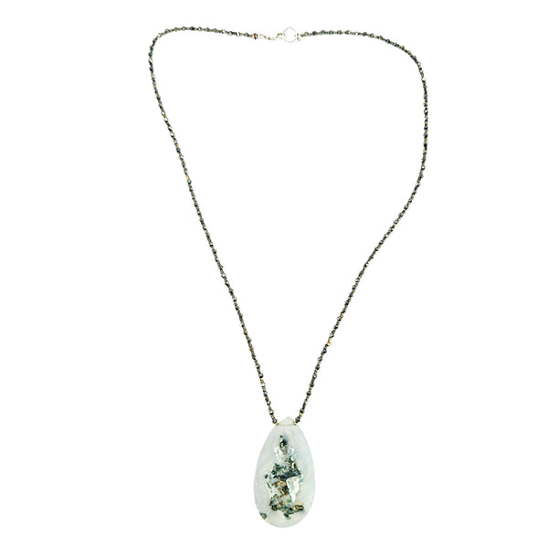 Ivory green quartz teardrop pendant necklace on silver-tone chain, full view