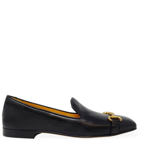 Black leather square-toe loafer with gold buckle detail, slip-on styling
