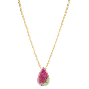 Gold-tone chain necklace with large ruby-red and green teardrop gemstone pendant