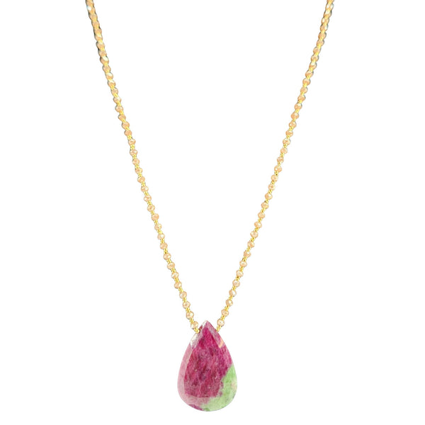 Gold-tone chain necklace with large ruby-red and green teardrop gemstone pendant