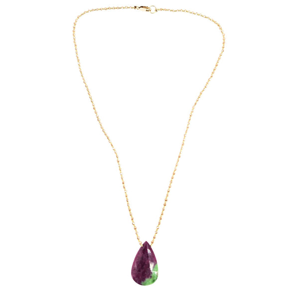 Gold-tone chain necklace with ruby-red and green teardrop gemstone pendant