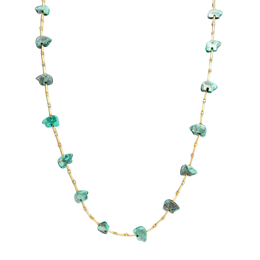 Green stone bead necklace with gold-toned chain and small drop spacers.