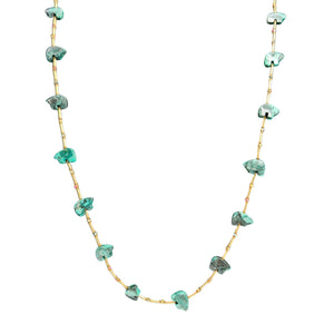 Green stone bead necklace with gold-toned chain and small drop spacers.