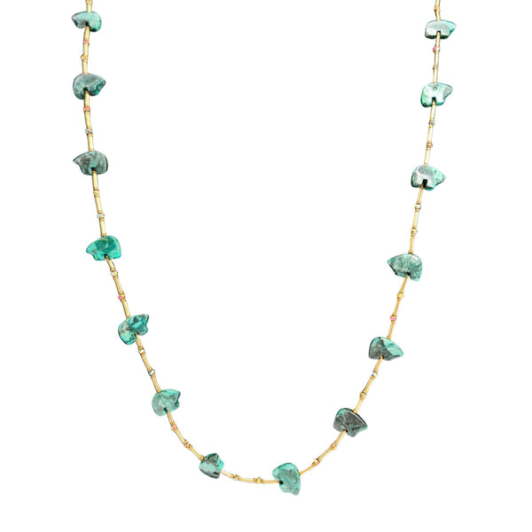 Green stone bead necklace with gold-toned chain and small drop spacers.