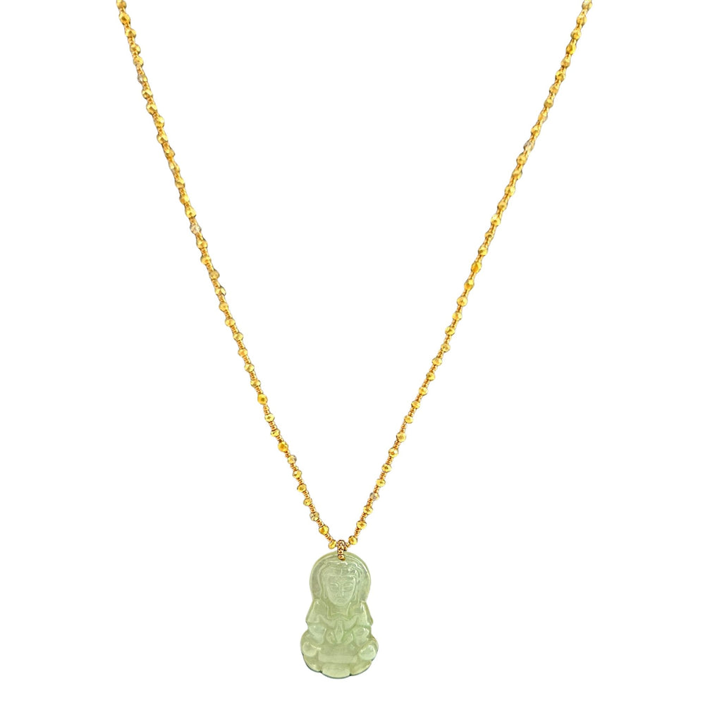 Sage green jade Buddha pendant on gold-tone chain necklace