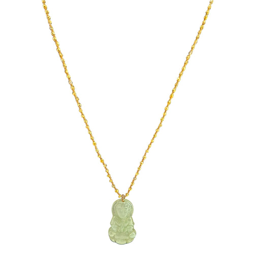 Sage green jade Buddha pendant on gold-tone chain necklace