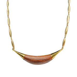 Reversible crescent necklace with wood inlay panel and gold-tone link chain