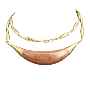 Reversible crescent necklace with wood inlay center, green accent inlays, gold links