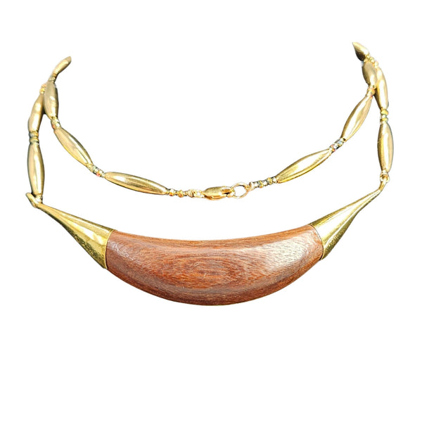 Reversible crescent necklace with wood inlay center, green accent inlays, gold links