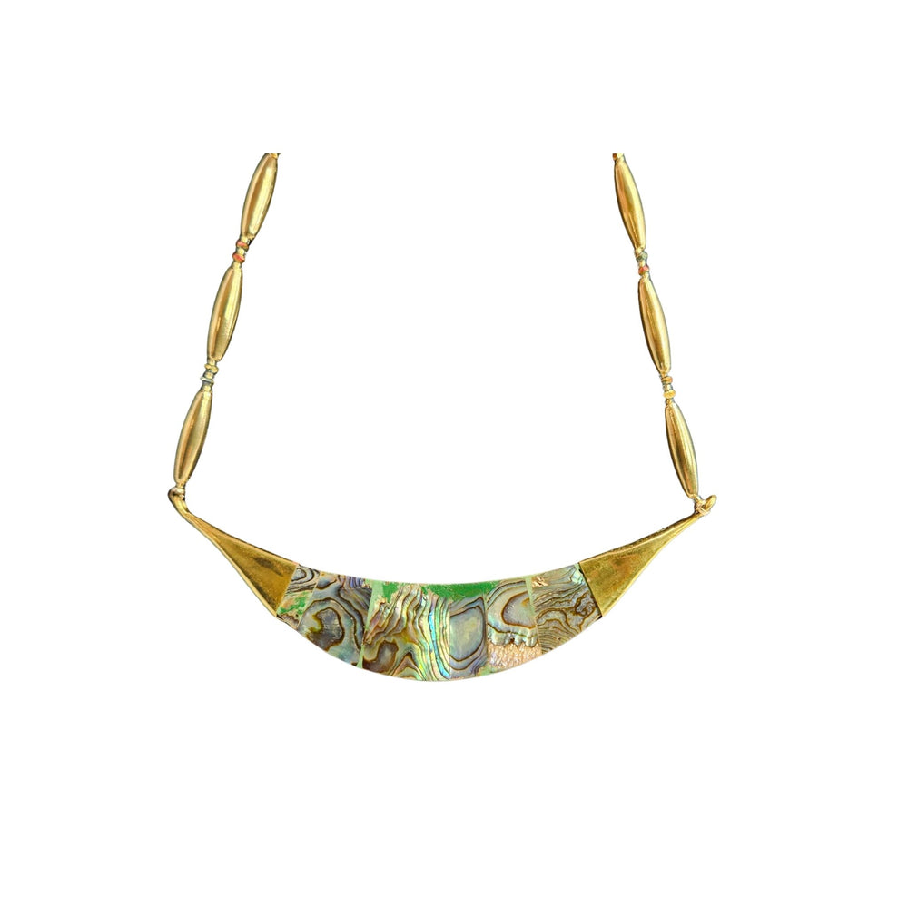 Reversible crescent necklace with multicolor abalone shell inlay center, gold link chain