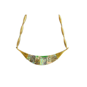 Reversible crescent necklace with multicolor abalone shell inlay center, gold link chain