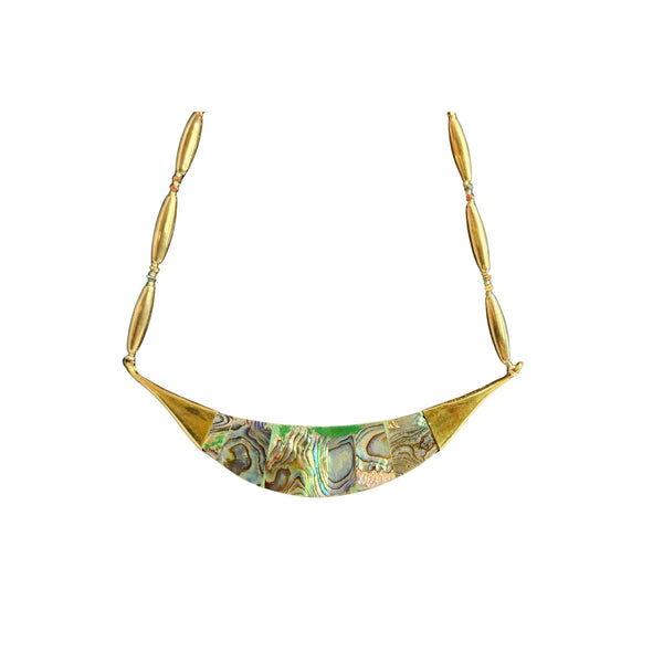 Reversible crescent necklace with multicolor abalone shell inlay center, gold link chain