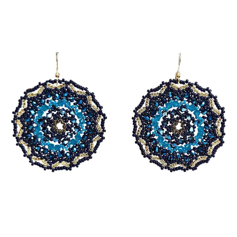 Hand-beaded mandala drop earrings with round navy and blue beadwork and gold trim