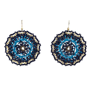 Hand-beaded mandala drop earrings with round navy and blue beadwork and gold trim