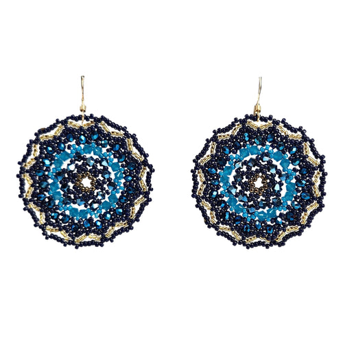Hand-beaded mandala drop earrings with round navy and blue beadwork and gold trim