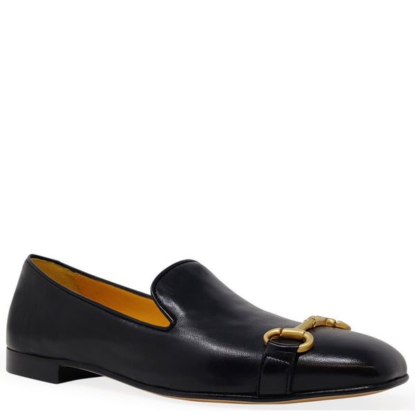 Black leather square-toe loafer with gold horsebit-style hardware and low block heel