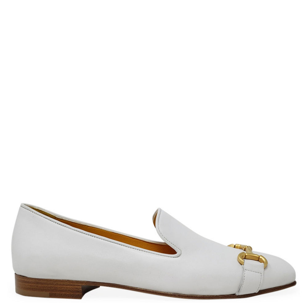 White leather square-toe loafer, side view, gold bit detail, low block heel