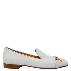 White leather square-toe loafer, side view, gold bit detail, low block heel