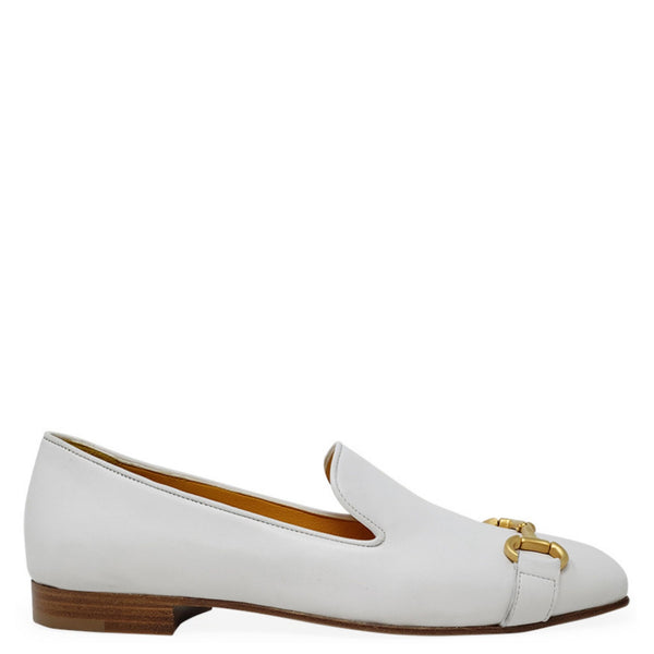 White leather square-toe loafer, side view, gold bit detail, low block heel