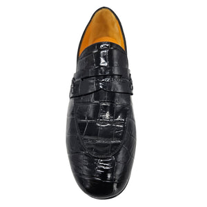 Black croc-embossed leather moc-toe loafer with visible orange insole lining