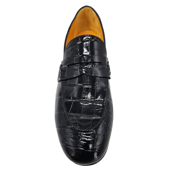 Black croc-embossed leather moc-toe loafer with visible orange insole lining