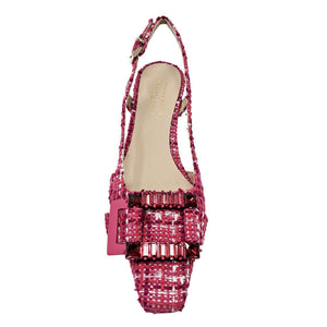 Cherry tweed slingback heel with ankle strap, buckle embellishment, pointed toe