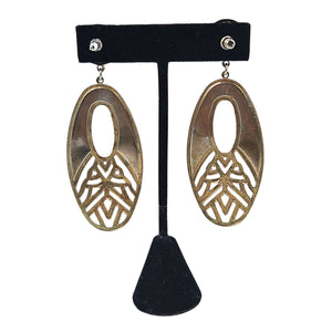 Gold-tone oval drop earrings with oval cutout and layered filigree front