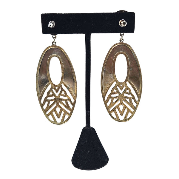 Gold-tone oval drop earrings with oval cutout and layered filigree front
