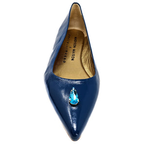 Blue pointy-toe ballet flat with teardrop blue jewel on the toe
