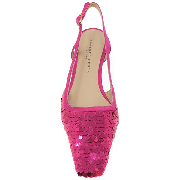 Fuchsia sequin slingback heel with open heel strap and pointed toe