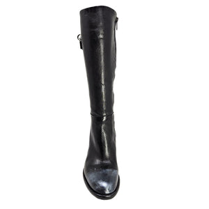 Black tall leather boot with round toe and low block heel