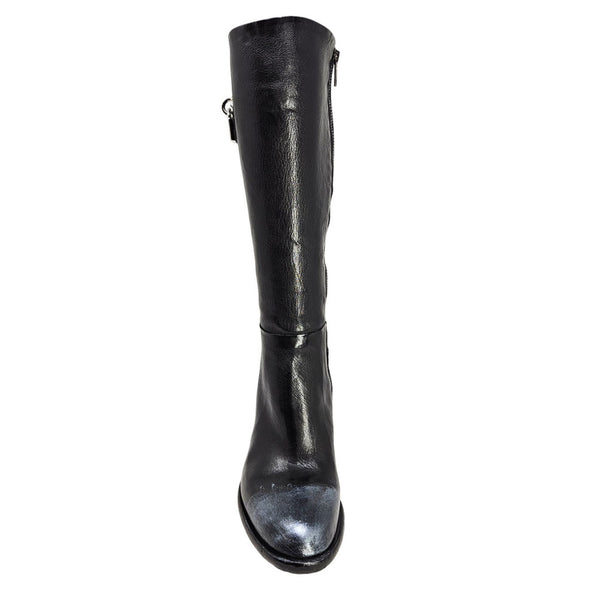 Black tall leather boot with round toe and low block heel