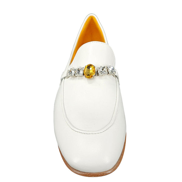 White leather flat loafer with yellow jewel ornament and rounded toe