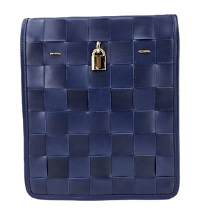 Navy woven leather crossbody bag with front flap and gold lock hardware