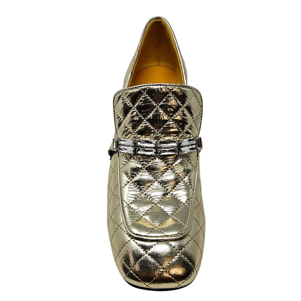 Gold quilted leather loafer with metallic finish and adjustable buckle strap, almond toe