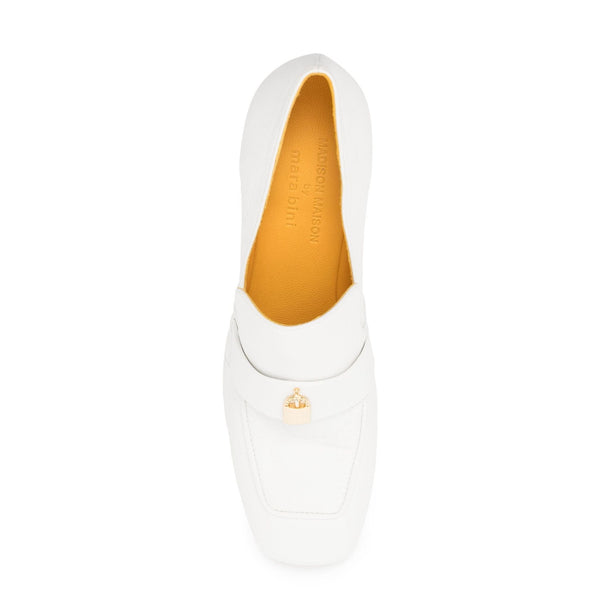 White leather loafer with tan insole lining and gold-tone rear emblem buckle