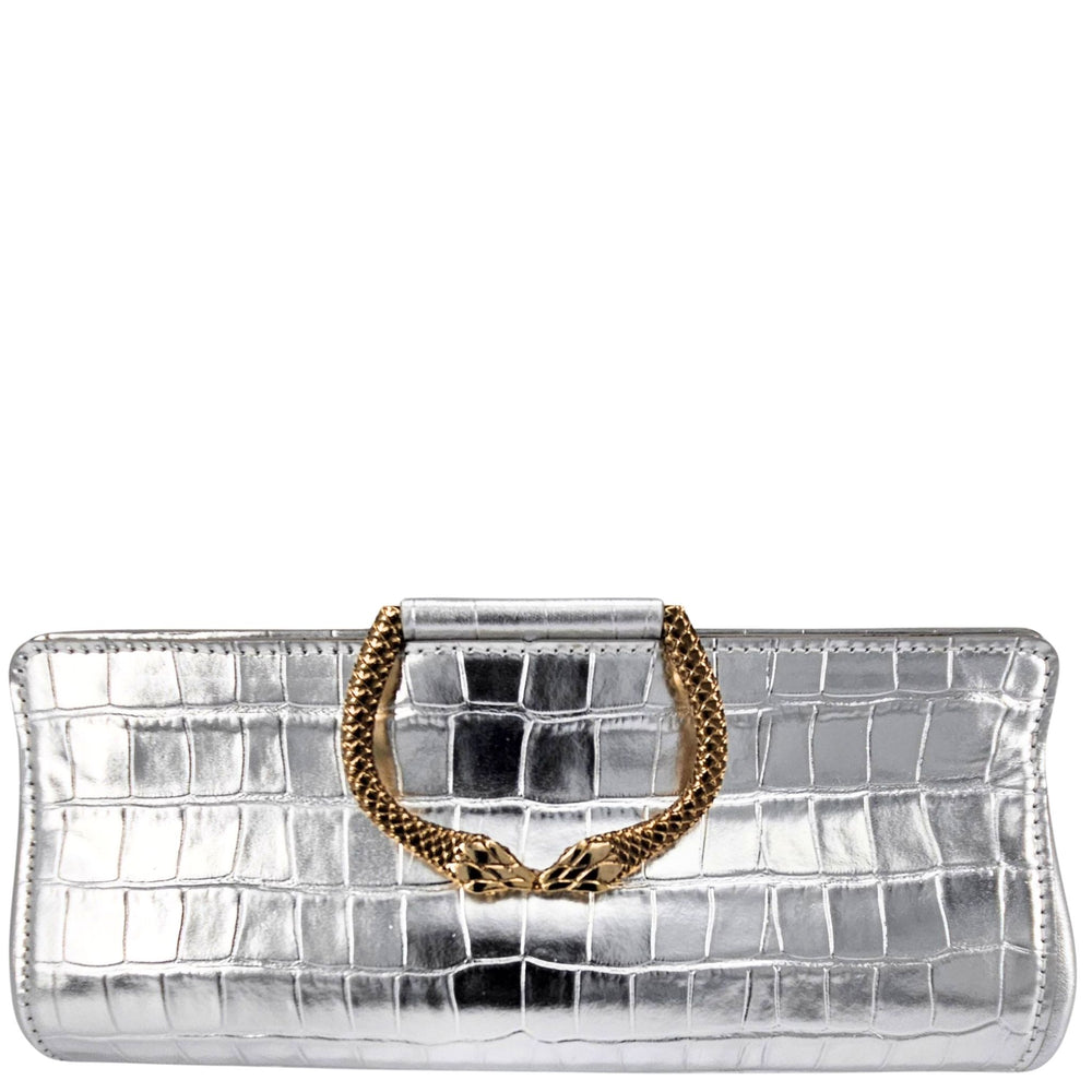 Silver croc-embossed leather clutch with gold braided chain shoulder strap