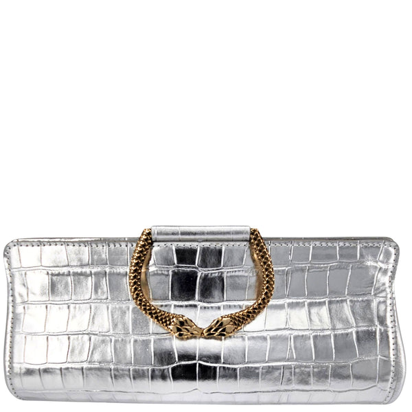 Silver croc-embossed leather clutch with gold braided chain shoulder strap