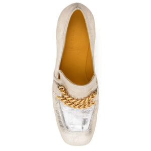 Metallic leather slip-on loafer with gold chain trim and tan interior