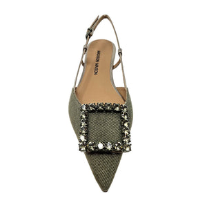 Khaki sling-back flat pointed toe with rhinestone panel and ankle sling