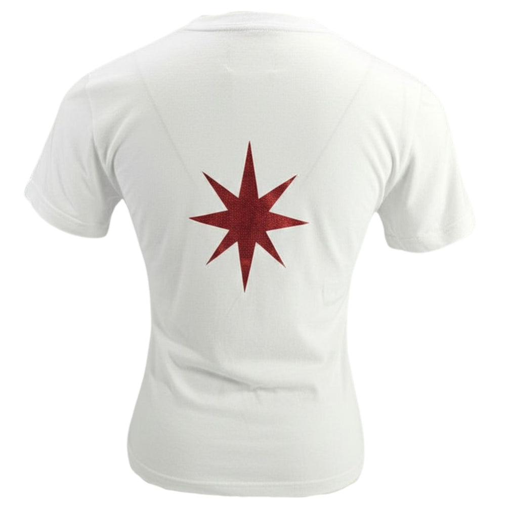 White T-shirt with black and red graphic text on front