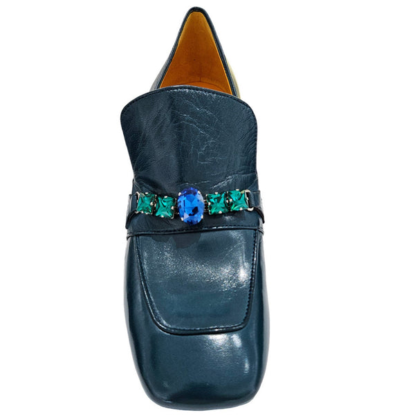 Navy leather mid-heel jeweled loafer front with blue and green crystal bar