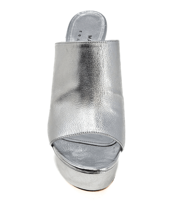 Silver open-toe slide sandal, smooth front strap and cushioned insole.