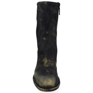 Mid-calf suede metallic boot with wide cuff and block heel