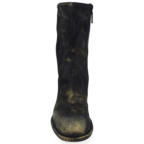 Mid-calf suede metallic boot with wide cuff and block heel