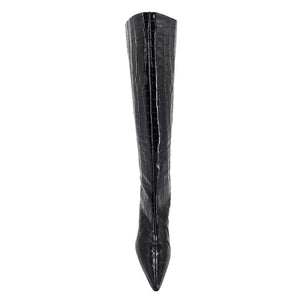 Black tall crocodile-textured boot with pointed toe and sleek, tapered shaft