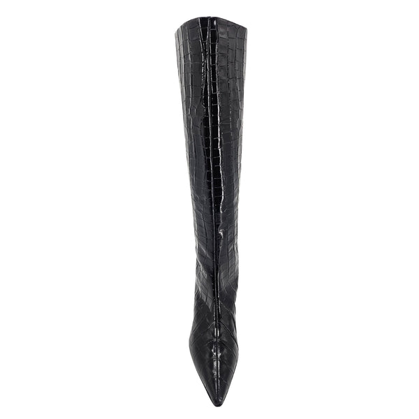 Black tall crocodile-textured boot with pointed toe and sleek, tapered shaft