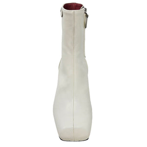 Off-white ankle boot with tall shaft and side zipper, visible interior lining
