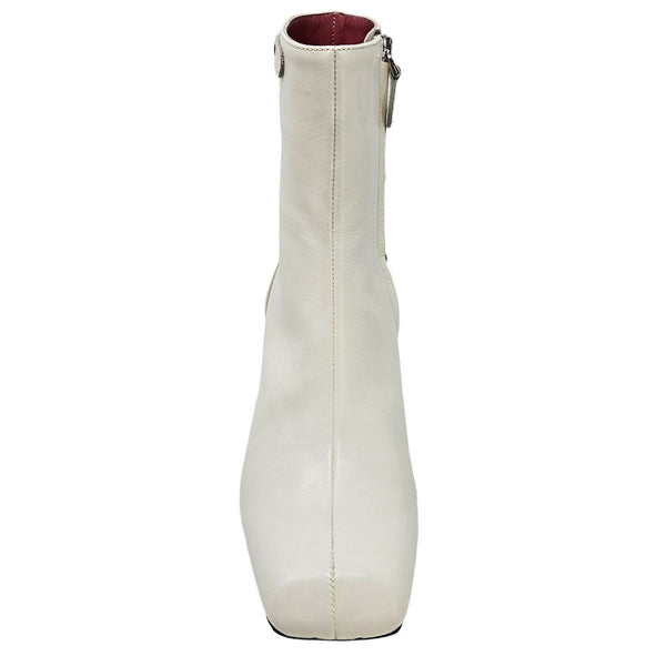 Off-white ankle boot with tall shaft and side zipper, visible interior lining