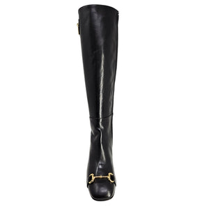 Black tall lock boot with gold buckle hardware and rounded toe